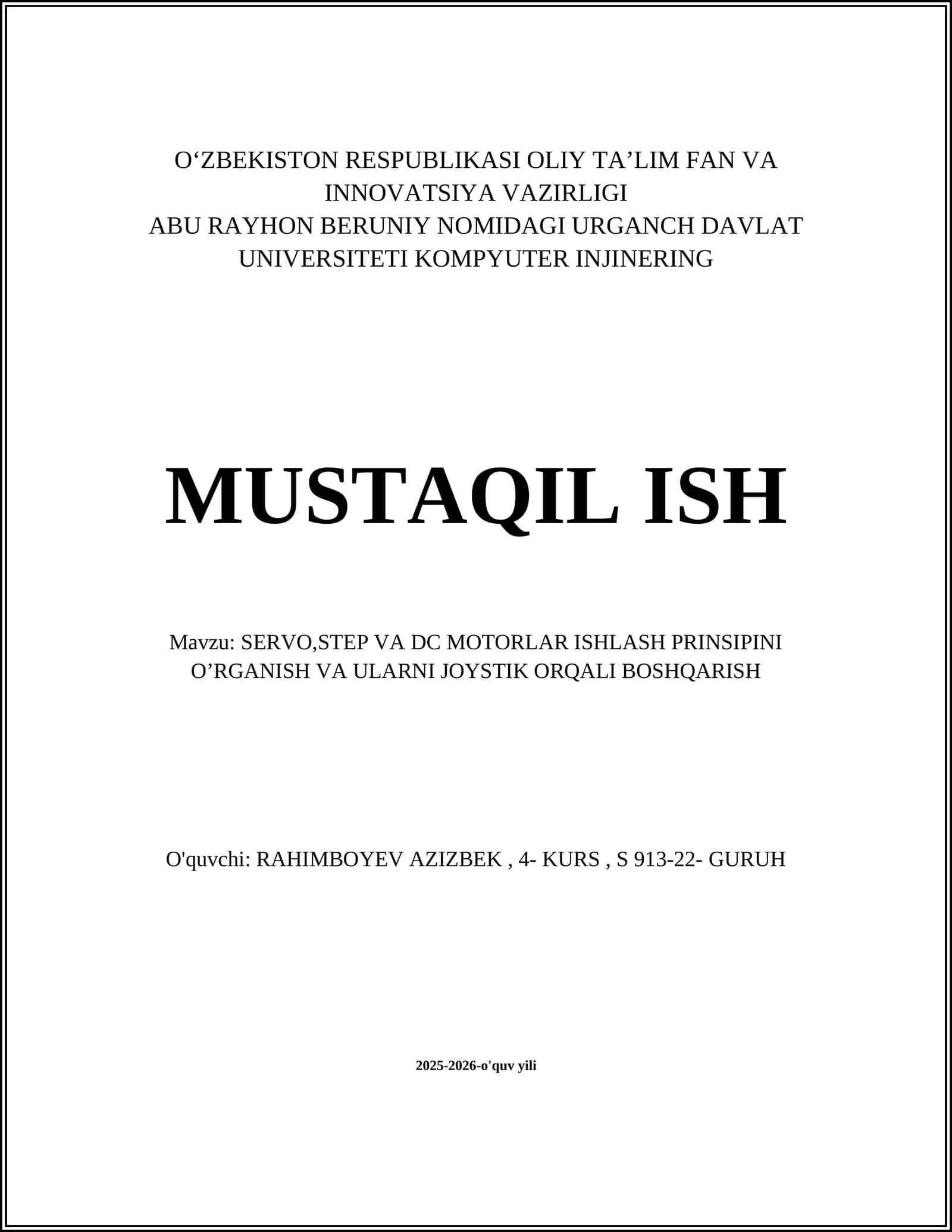 SERVO,STEP VA DC MOTORLAR ISHLASH PRINSIPINI O’RGANISH VA ULARNI JOYSTIK ORQALI BOSHQARISH