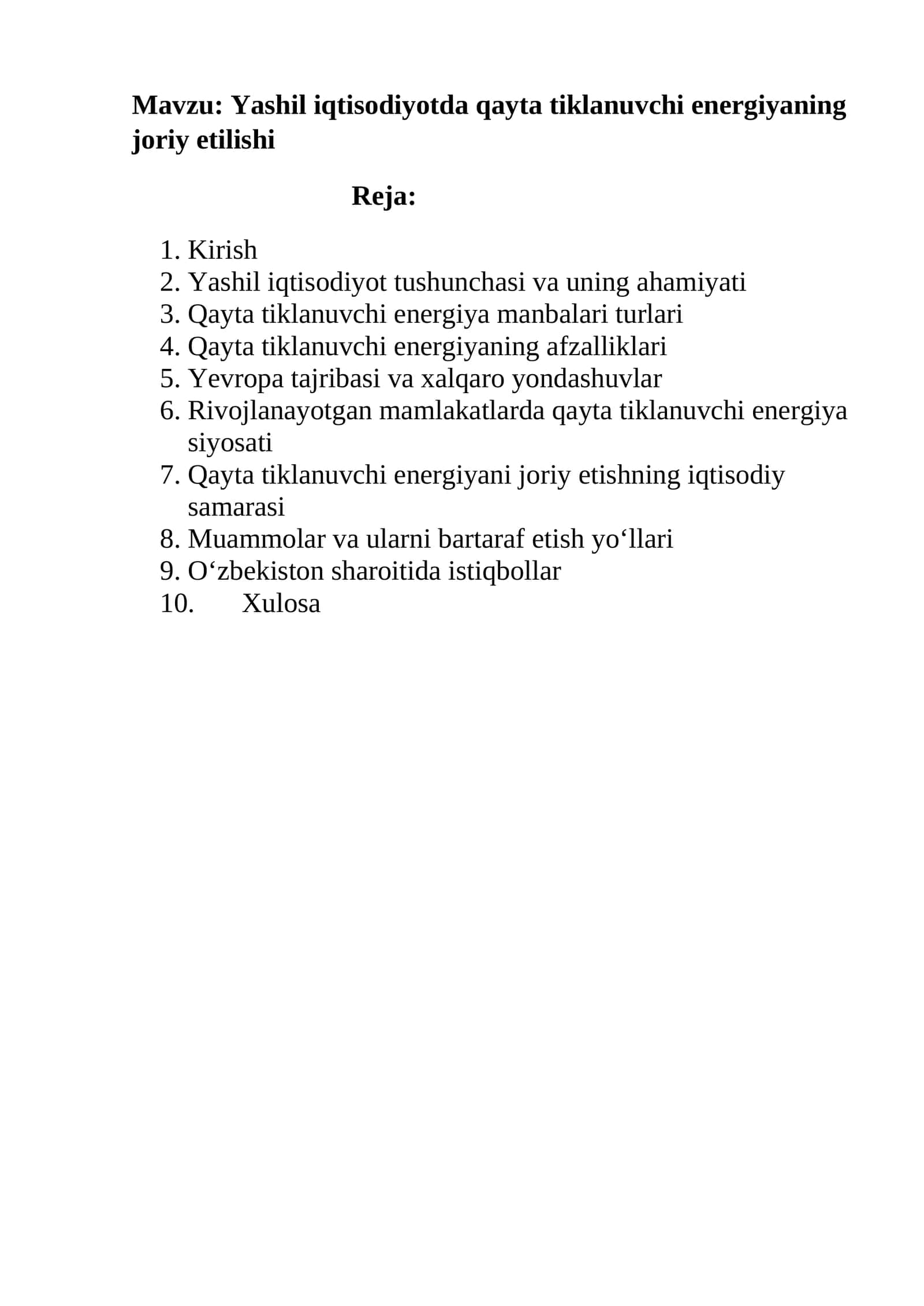 Yashil iqtisodiyotda qayta tiklanuvchi energiyaning joriy etilishi