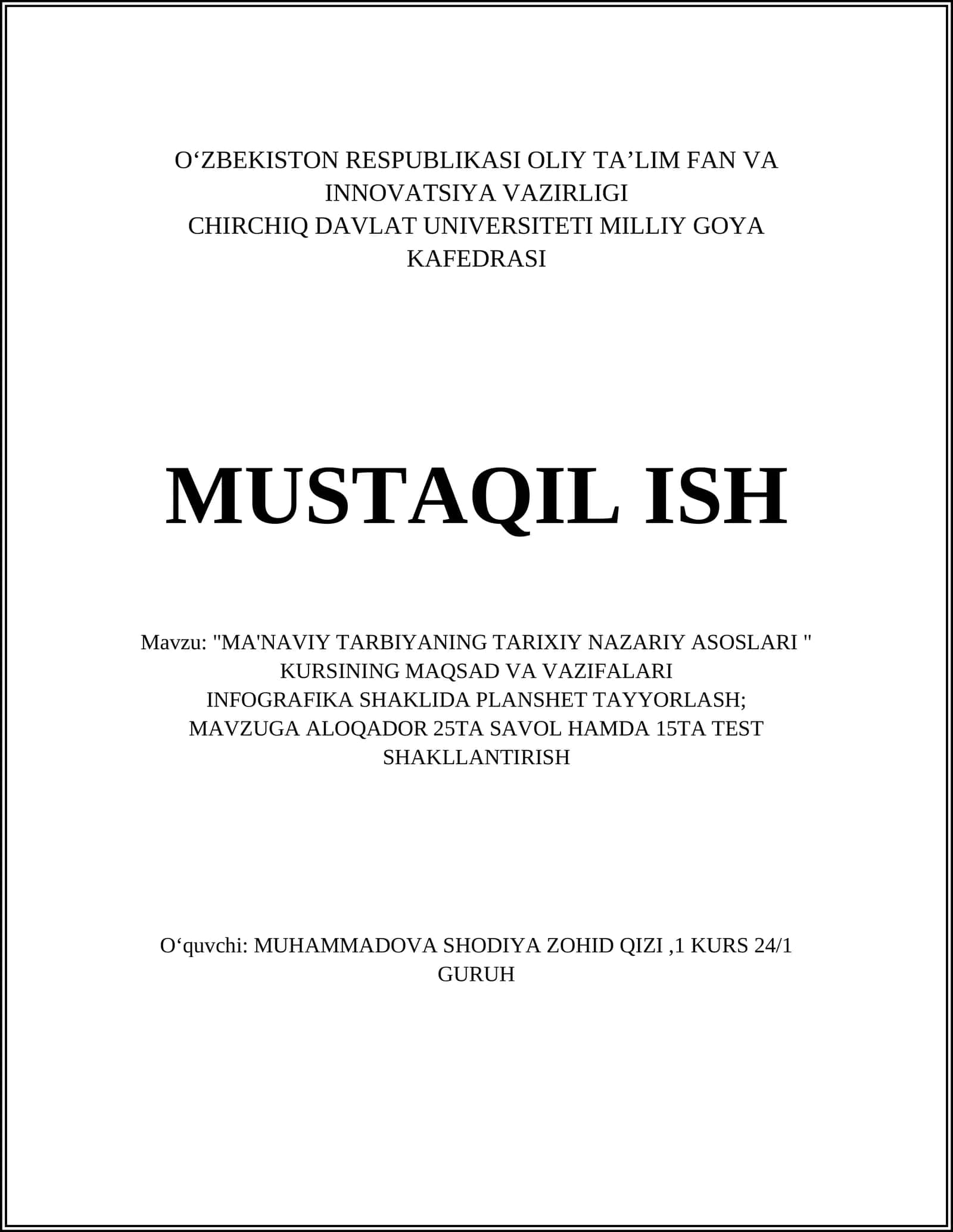 "MA'NAVIY TARBIYANING TARIXIY NAZARIY ASOSLARI" KURSI