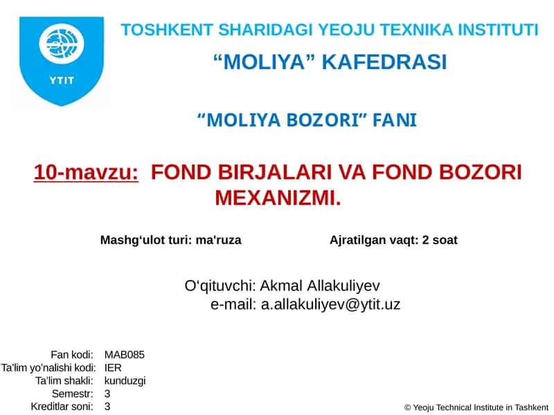 FOND BIRJALARI VA FOND BOZORI MEXANIZMI