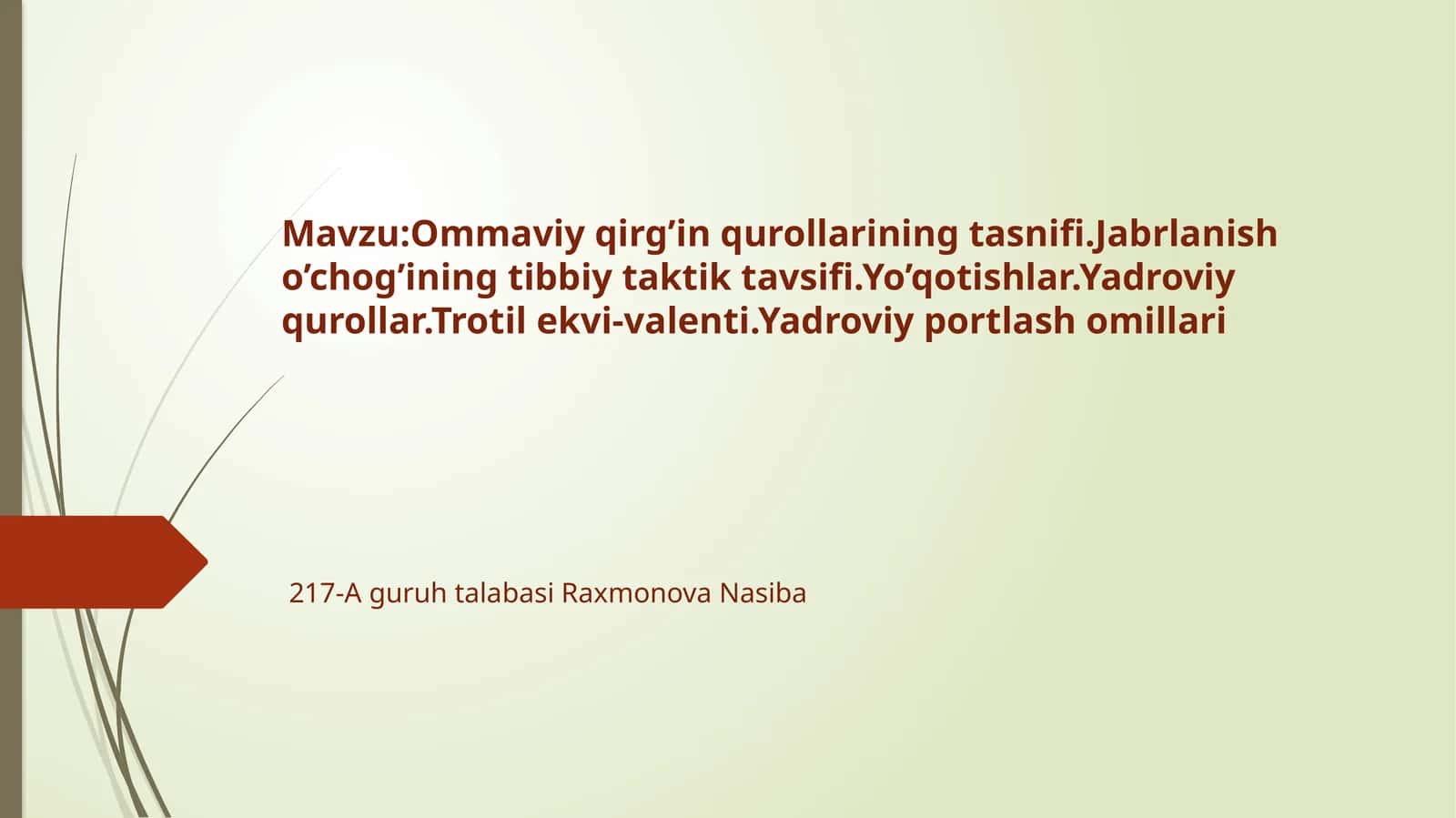 Ommaviy qirg’in qurollarining tasnifi. Jabrlanish o’chog’ining tibbiy taktik tavsifi. Yo’qotishlar. Yadroviy qurollar. Trotilekvi-valenti. Yadroviy portlash omillari
