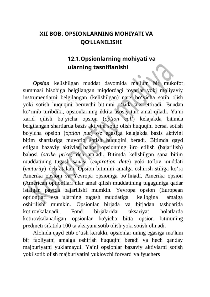 OPSIONLARNING MOHIYATI VA QOʻLLANILISHI