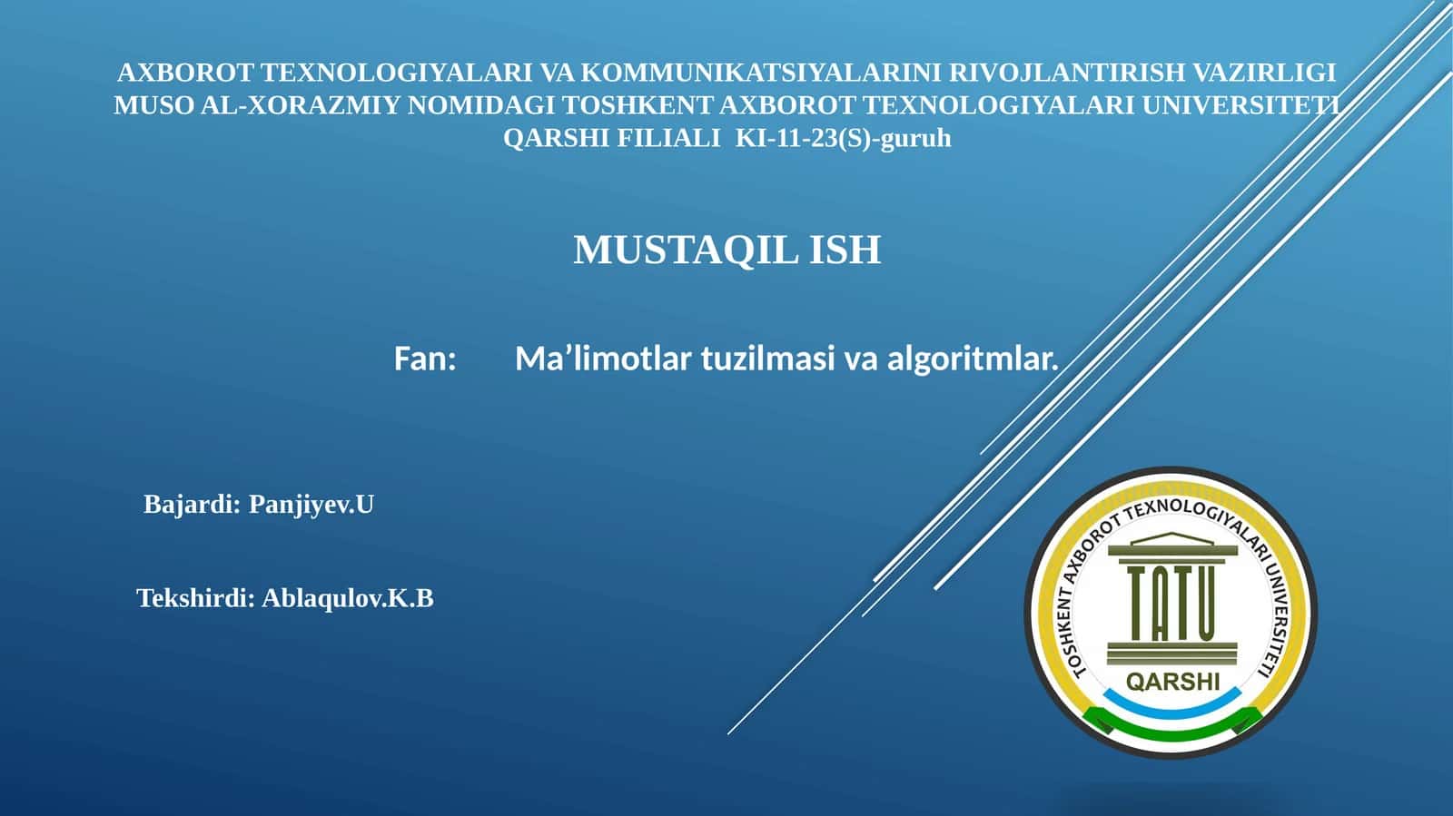 Fan: Ma’limotlar tuzilmasi va algoritmlar