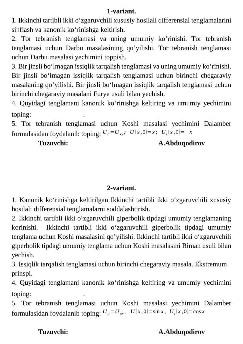 Ikkinchi tartibli ikki o‘zgaruvchili xususiy hosilali differensial tenglamalar