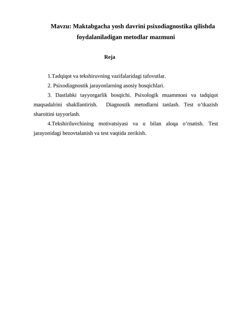 Maktabgacha yosh davrini psixodiagnostika qilishda foydalaniladigan metodlar mazmuni