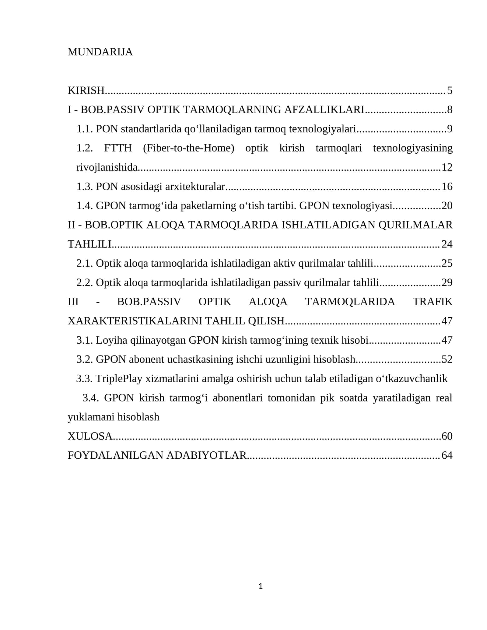 PASSIV OPTIK TARMOQLARDA TRAFIK XARAKTERISTIKALARNI TAHLIL QILISH
