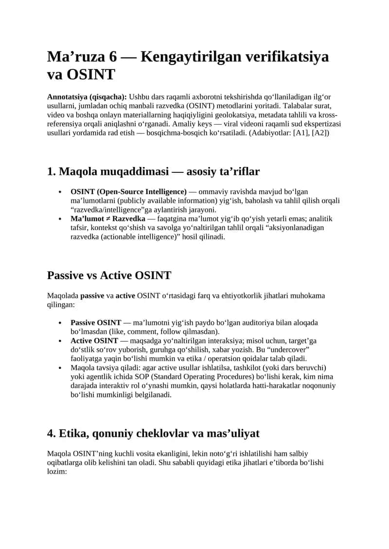 Ma’ruza 6 —Kengaytirilgan verifikatsiya va OSINT