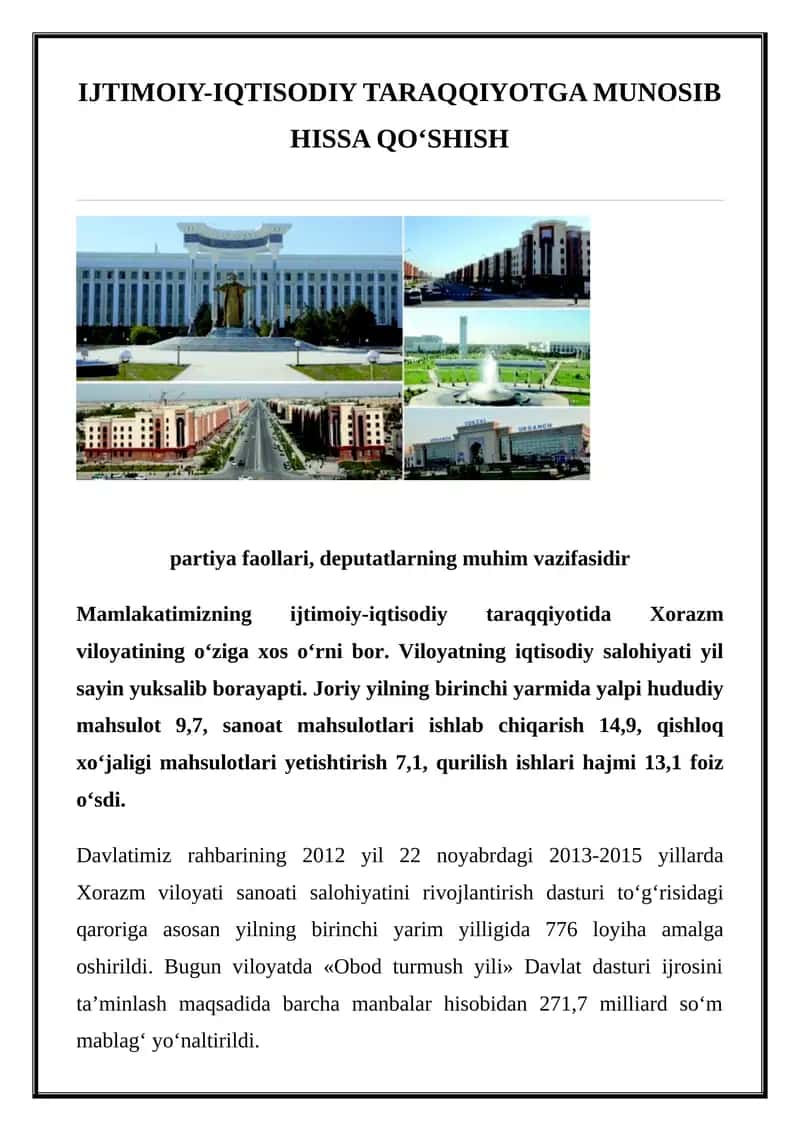 IJTIMOIY-IQTISODIY TARAQQIYOTGA MUNOSIB HISSA QO‘SHISH