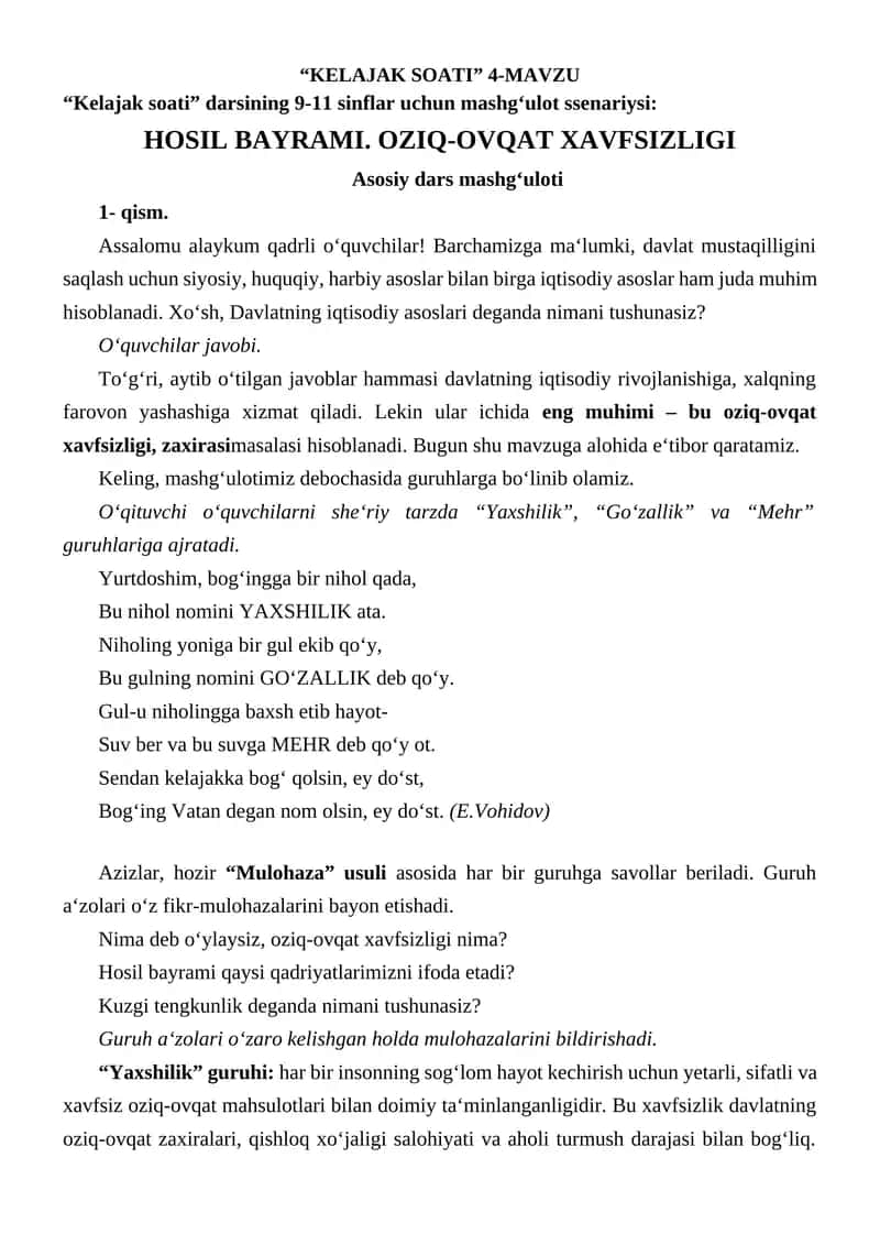 HOSIL BAYRAMI. OZIQ-OVQAT XAVFSIZLIGI