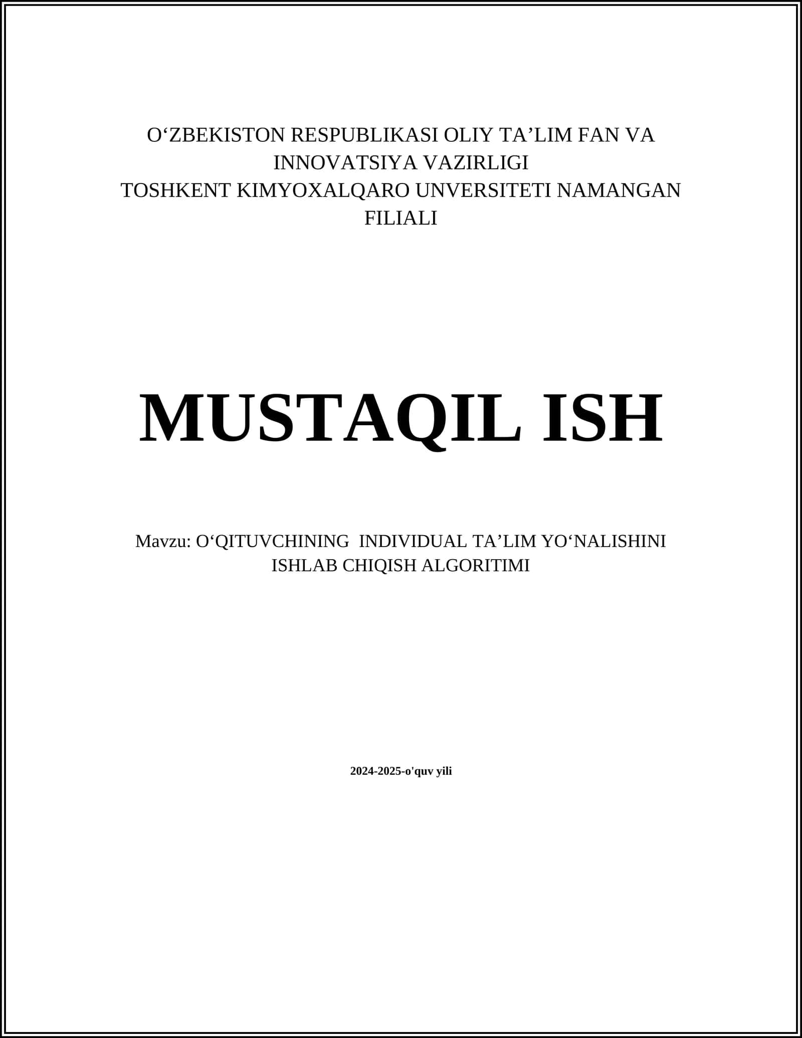 OʻQITUVCHINING INDIVIDUAL TAʼLIM YOʻNALISHINI ISHLAB CHIQISH ALGORITIMI