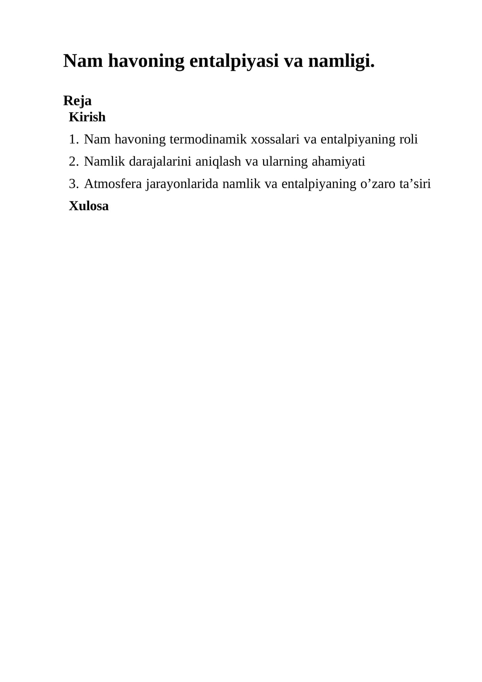 Nam havoning termodinamik xossalari va entalpiyaning roli