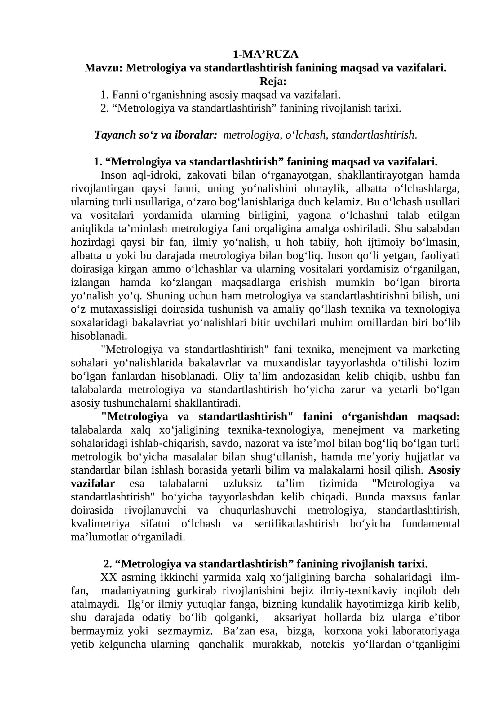 Metrologiya va standartlashtirish fanining maqsad va vazifalari