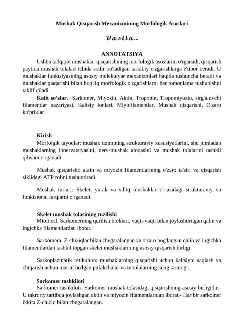 Mushak Qisqarish Mexanizmining Morfologik Asoslari