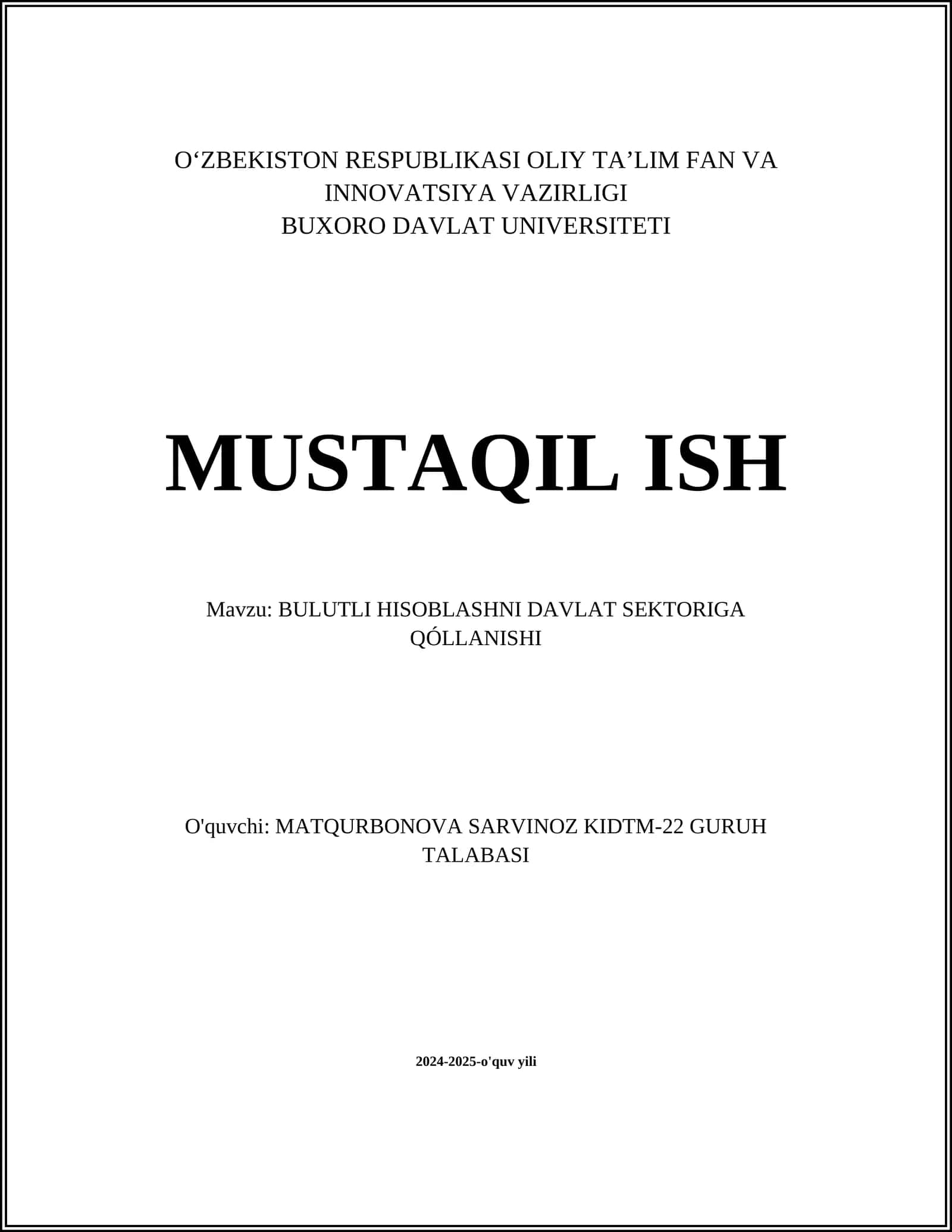 BULUTLI HISOBLASHNI DAVLAT SEKTORIGA QÓLLANISHI