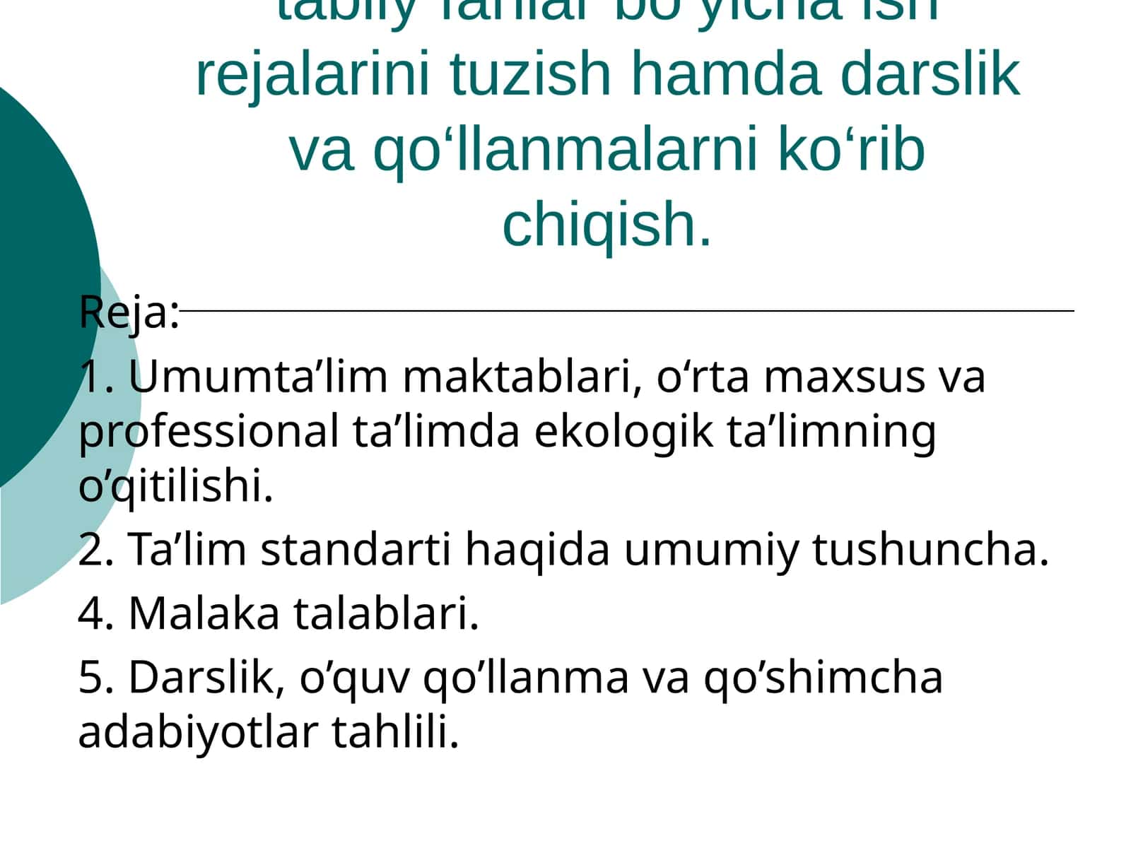 Ta’lim muassasalari uchun tabiiy fanlar bo‘yicha ish rejalarini tuzish hamda darslik va qo‘llanmalarni ko‘rib chiqish