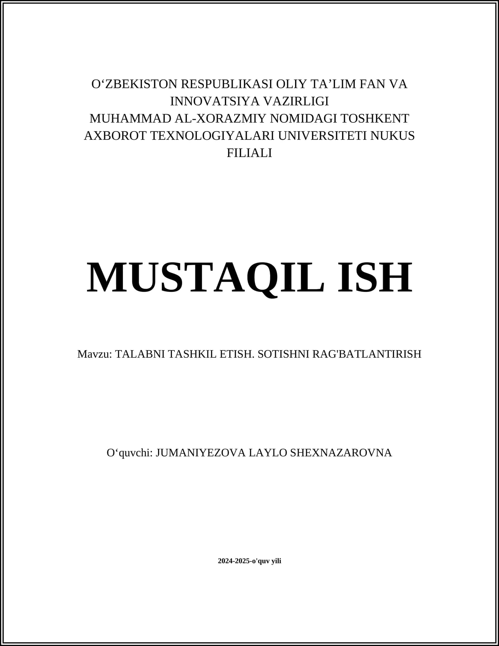 TALABNI TASHKIL ETISH. SOTISHNI RAG'BATLANTIRISH