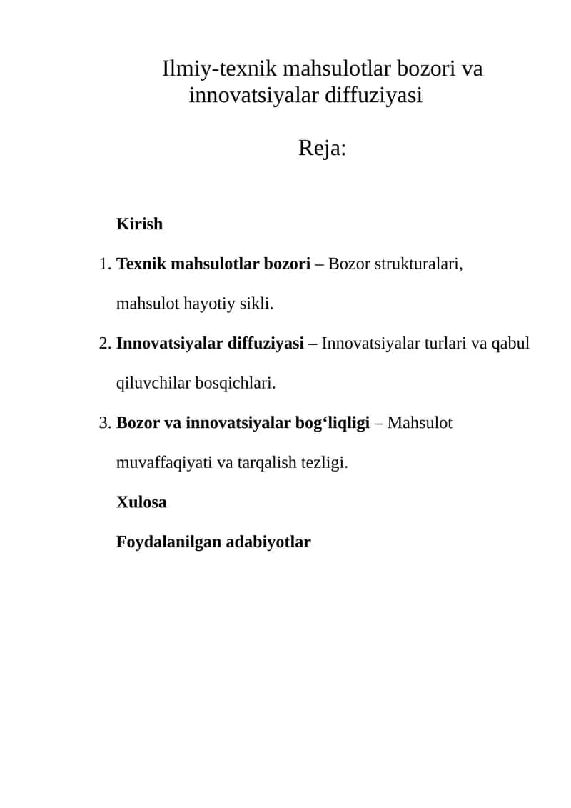 Ilmiy-texnik mahsulotlar bozori va innovatsiyalar diffuziyasi