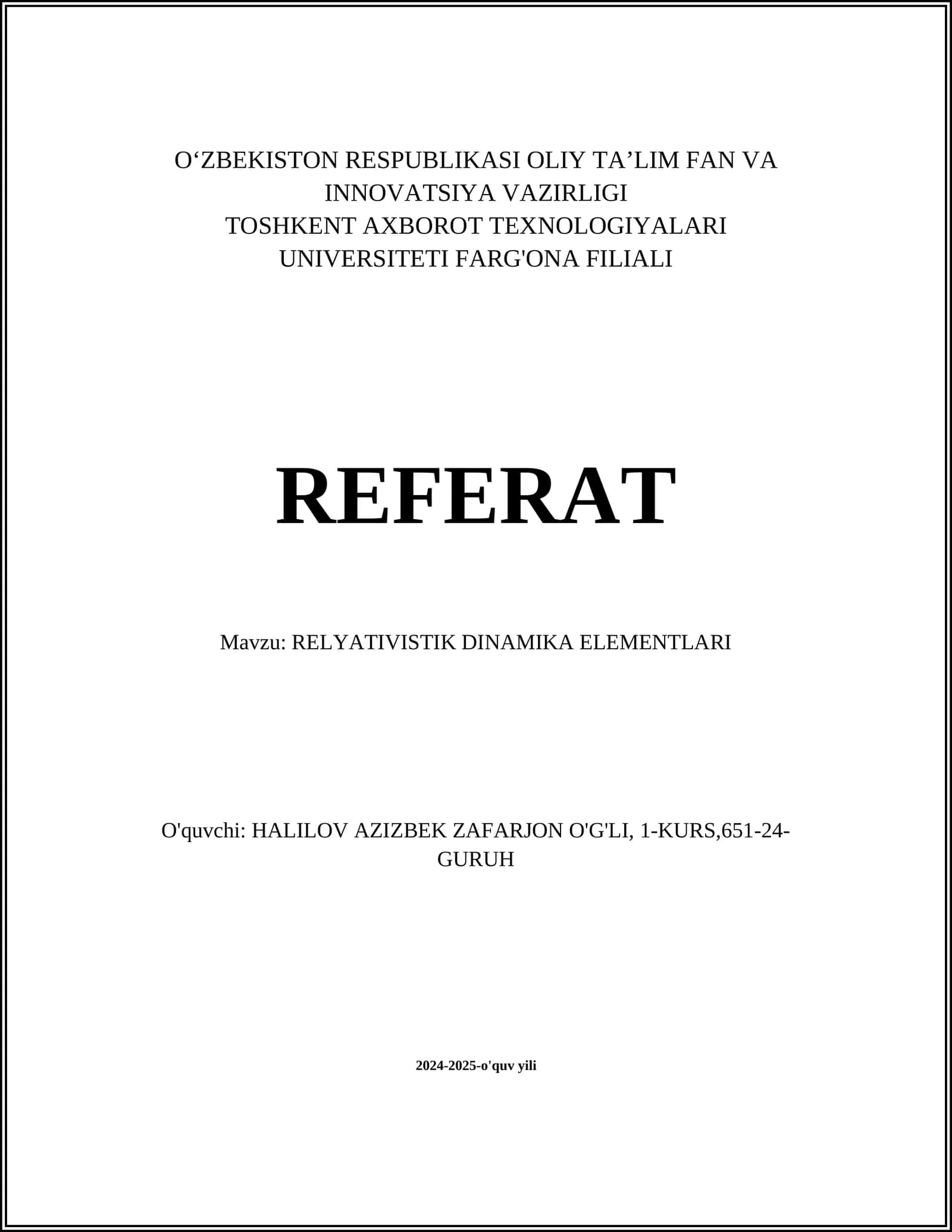RELYATIVISTIK DINAMIKA ELEMENTLARI