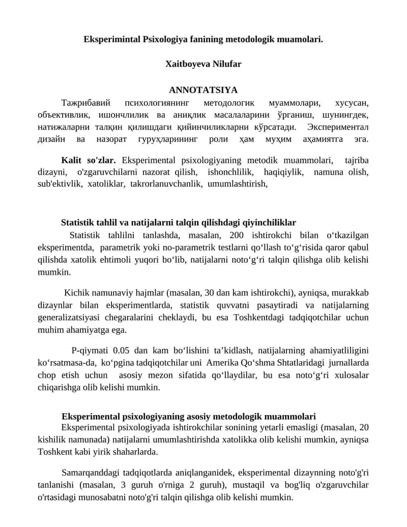 Eksperimintal Psixologiya fanining metodologik muamolari