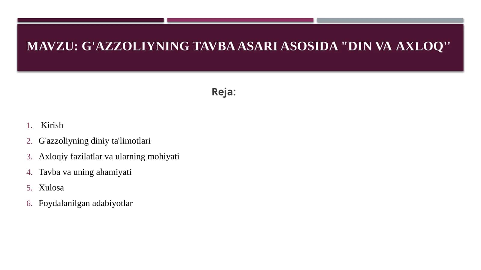 G'azzoliyning tavba asari asosida din va axloq