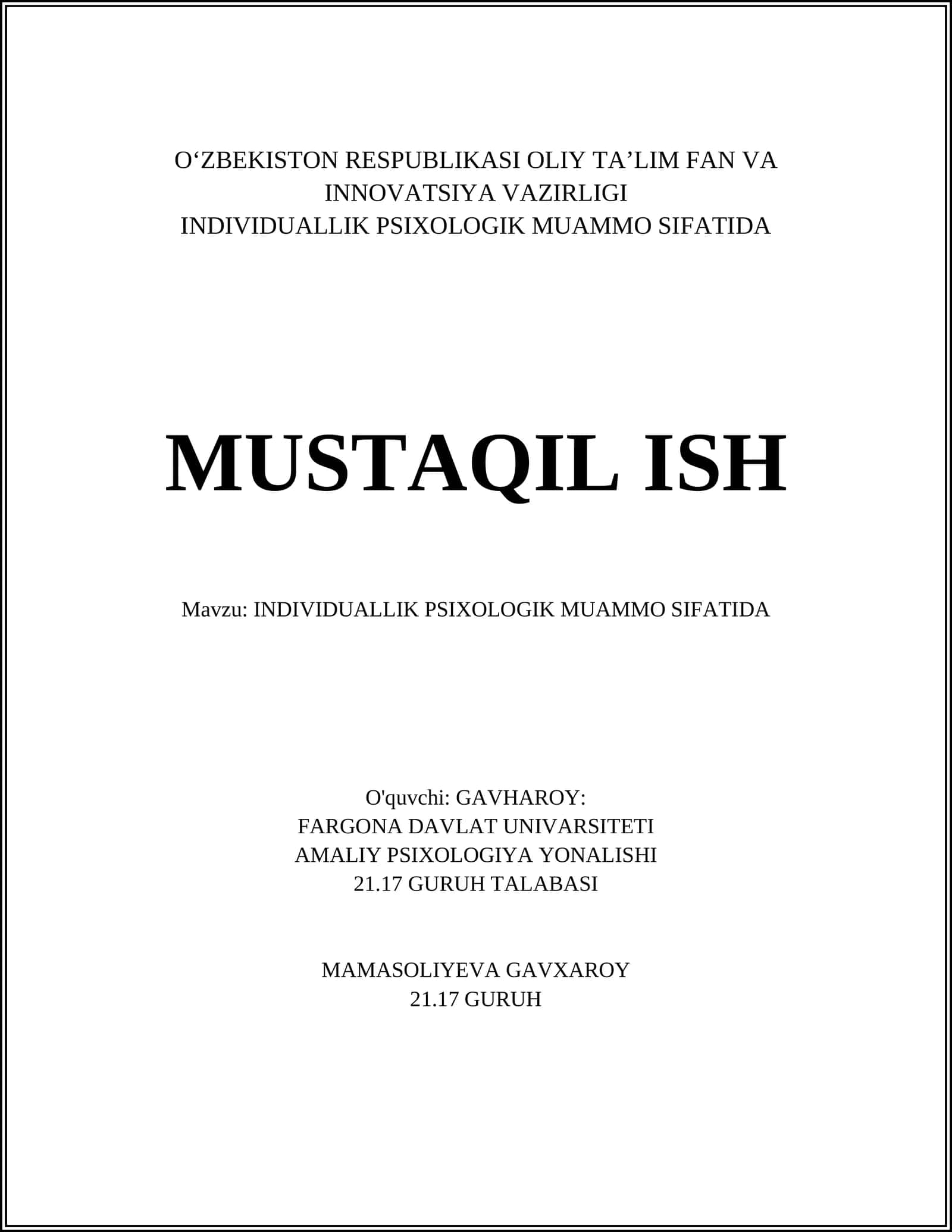 INDIVIDUALLIK PSIXOLOGIK MUAMMO SIFATIDA