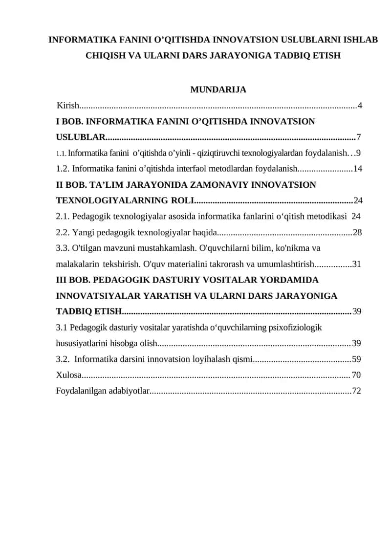 Informatika fanini o’qitishda innovatsion uslublarni ishlab chiqish va ularni dars jarayoniga tadbiq etish