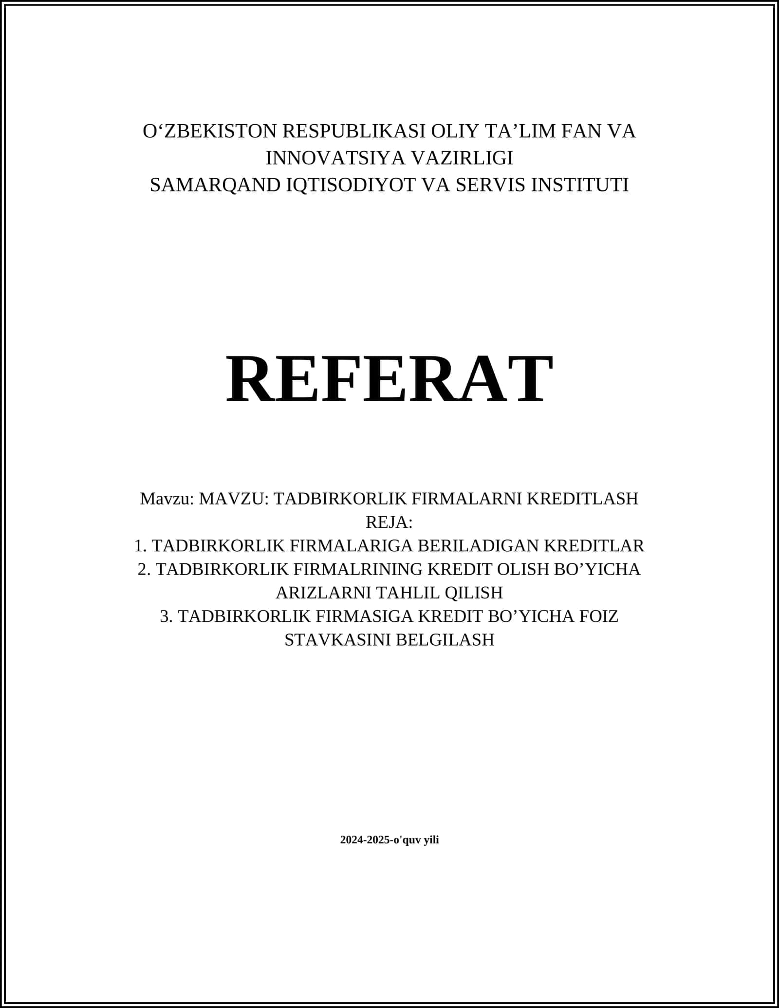 Tadbirkorlik firmalarini kreditlash