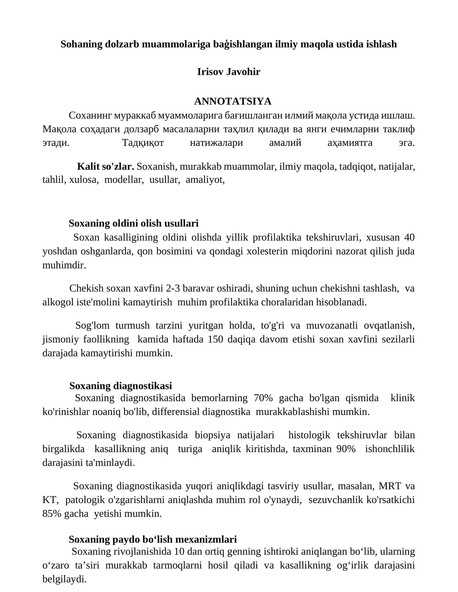 Sohaning dolzarb muammolariga baģishlangan ilmiy maqola ustida ishlash
