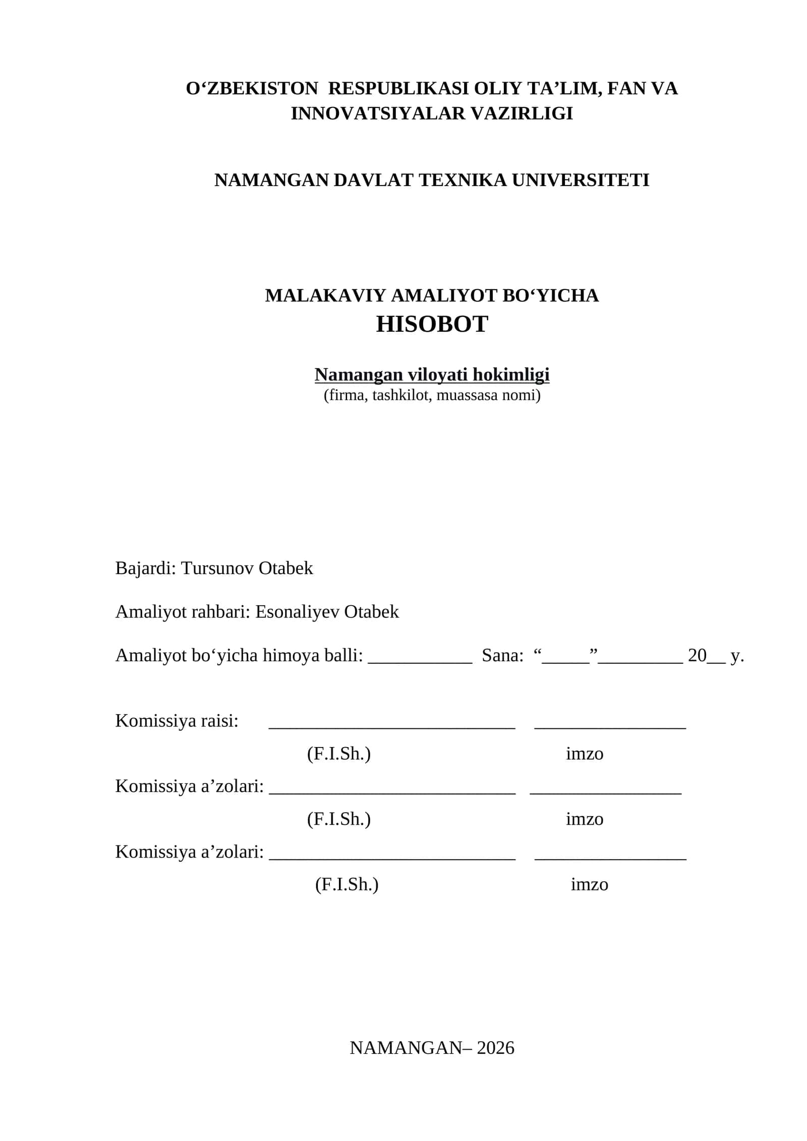 -Namangan viloyati hokimligida otalgan amaliyot hisobot