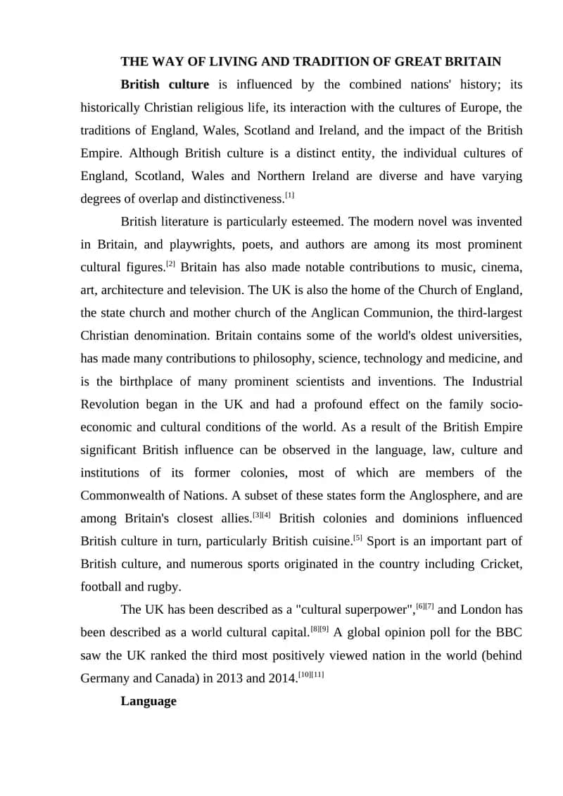 THE WAY OF LIVING AND TRADITION OF GREAT BRITAIN