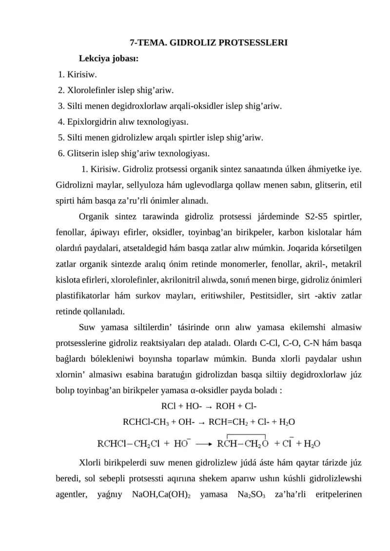 GIDROLIZ PROTSESSLERI