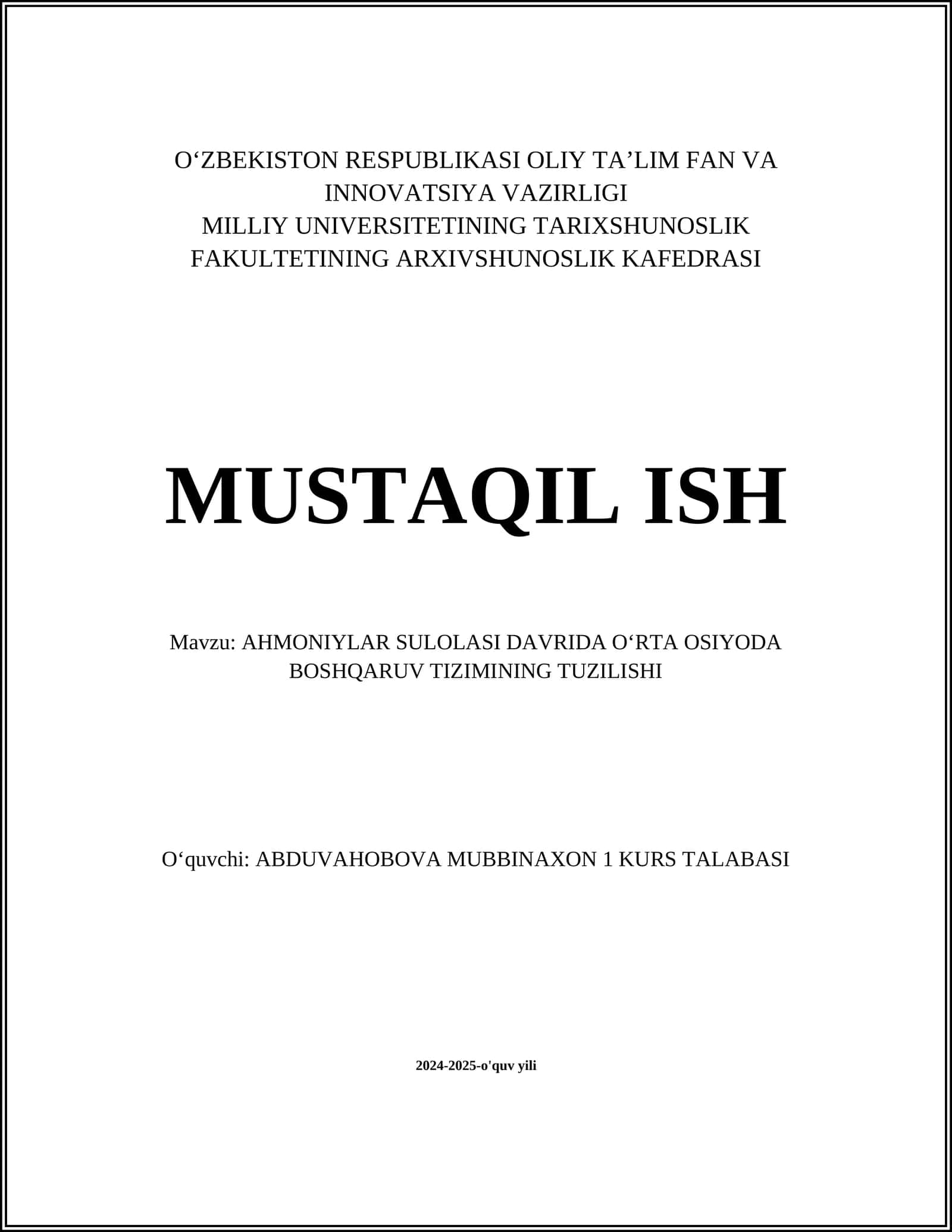 AHMONIYLAR SULOLASI DAVRIDA OʻRTA OSIYODA BOSHQARUV TIZIMINING TUZILISHI
