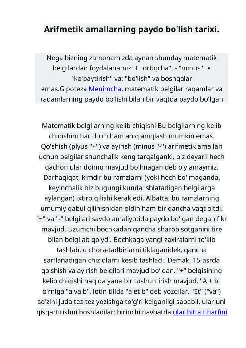 Arifmetik amallarning paydo bo'lish tarixi