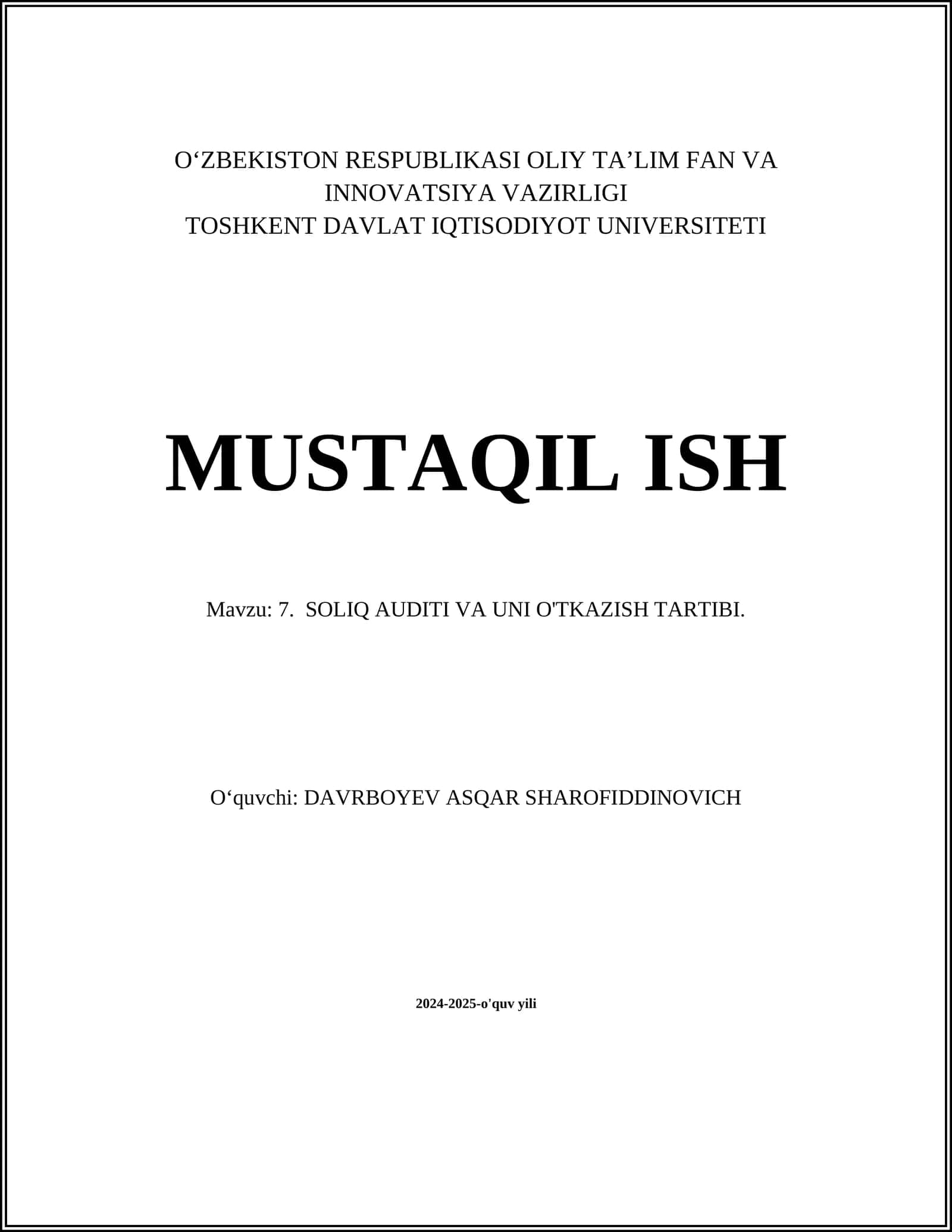 SOLIQ AUDITI VA UNI O'TKAZISH TARTIBI