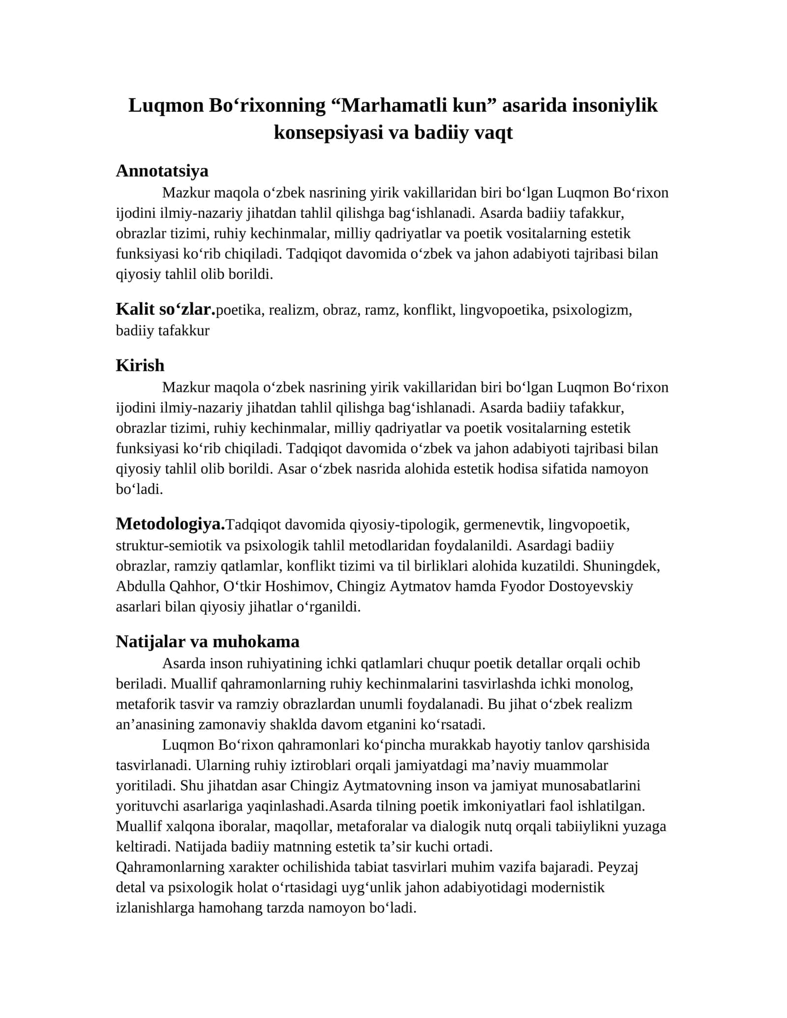 Luqmon Bo‘rixonning “Marhamatli kun” asarida insoniylik konsepsiyasi va badiiy vaqt