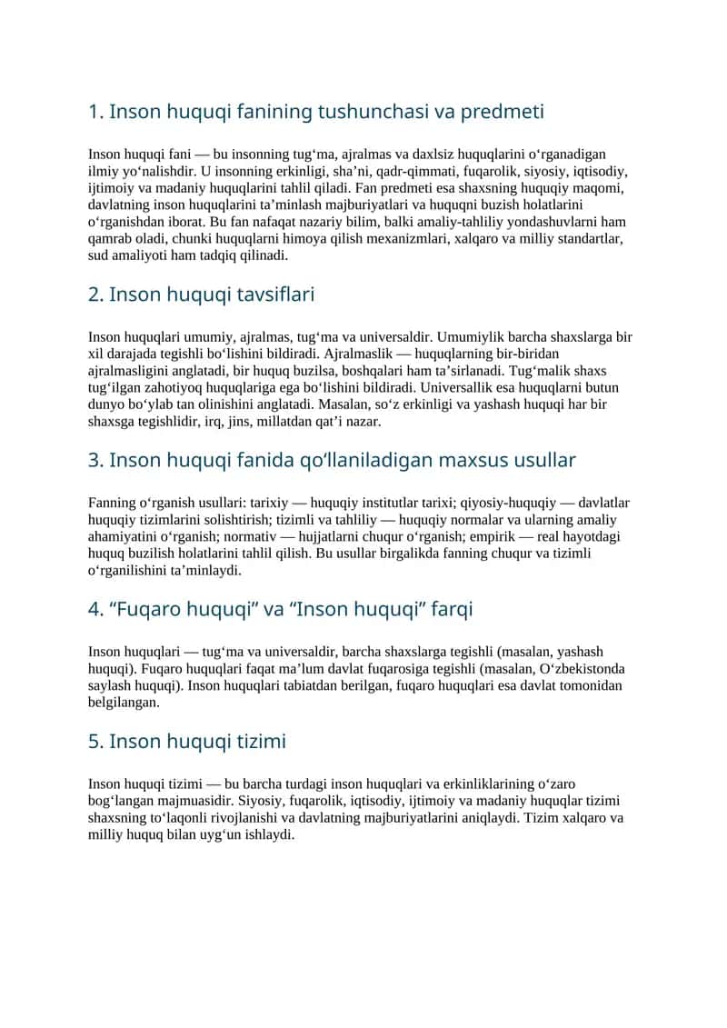 Inson huquqi fanining tushunchasi va predmeti