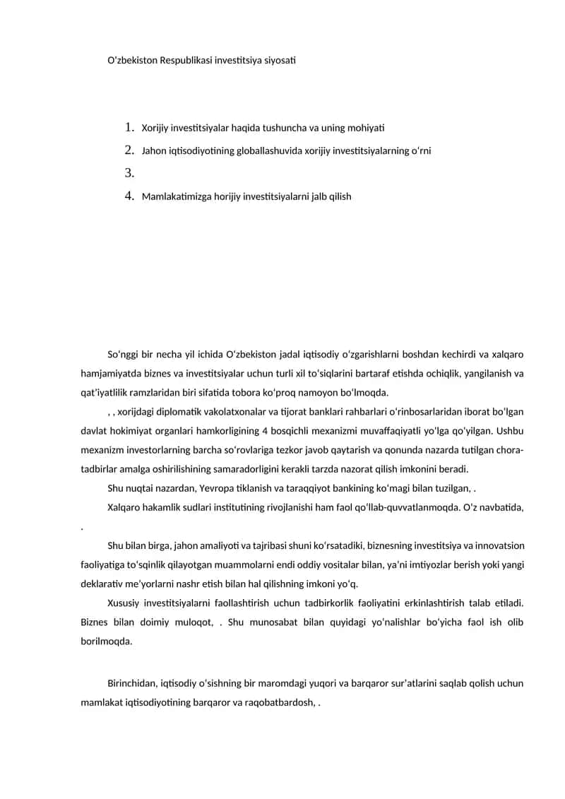 O’zbekiston Respublikasi investitsiya siyosati