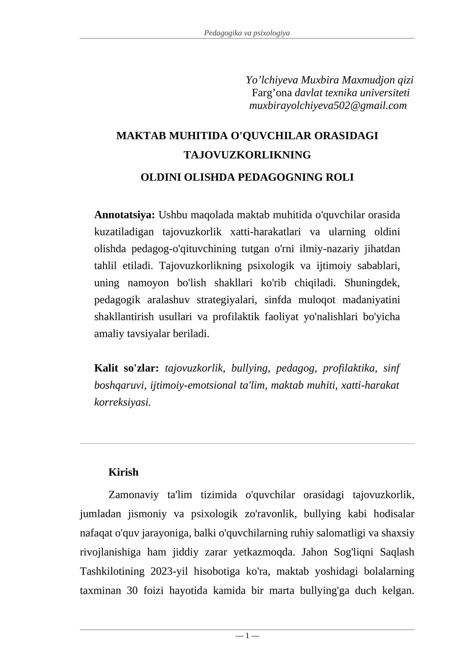 MAKTAB MUHITIDA O'QUVCHILAR ORASIDAGI TAJOVUZKORLIKNING OLDINI OLISHDA PEDAGOGNING ROLI