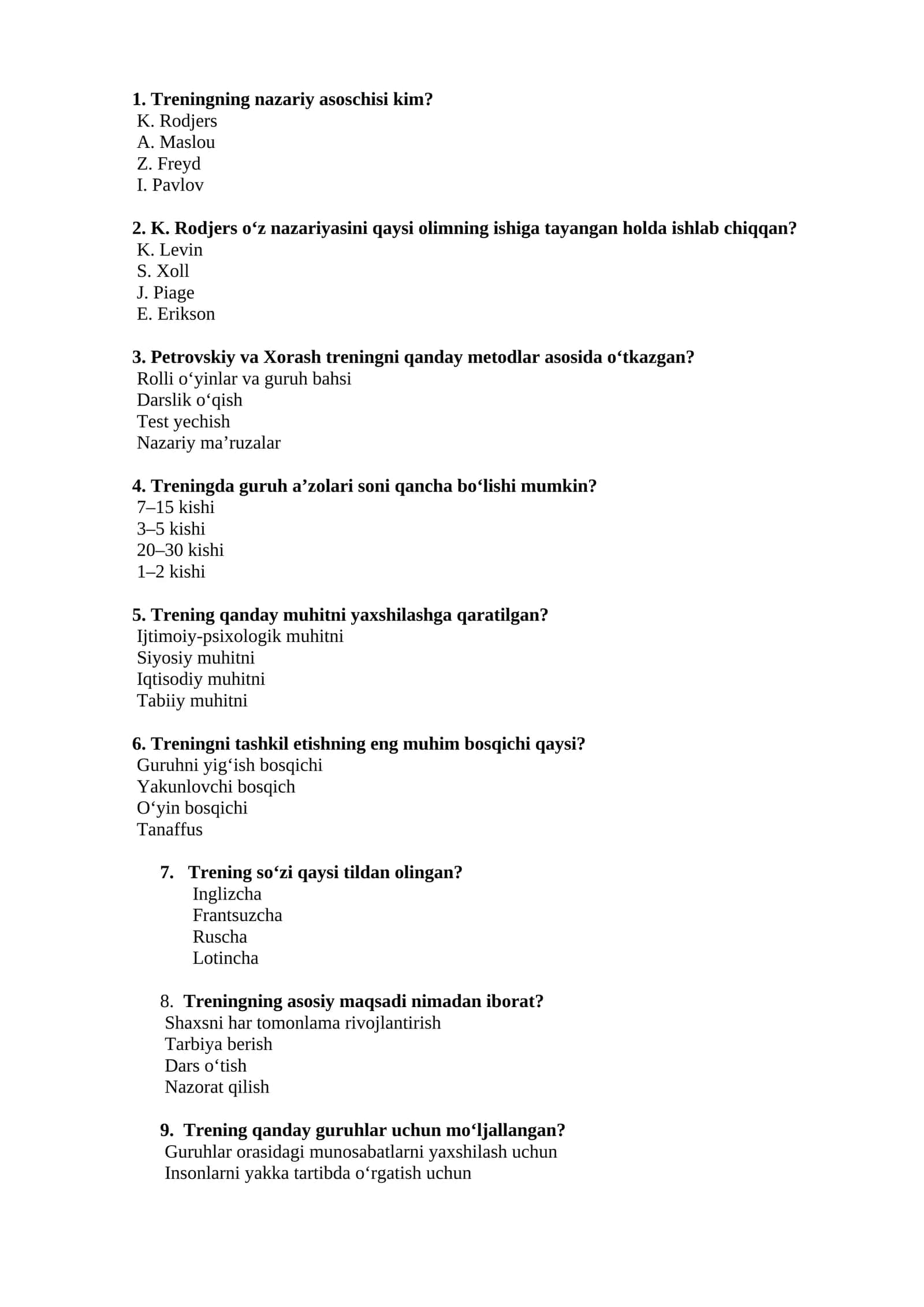 Psixologik trening asoslari test