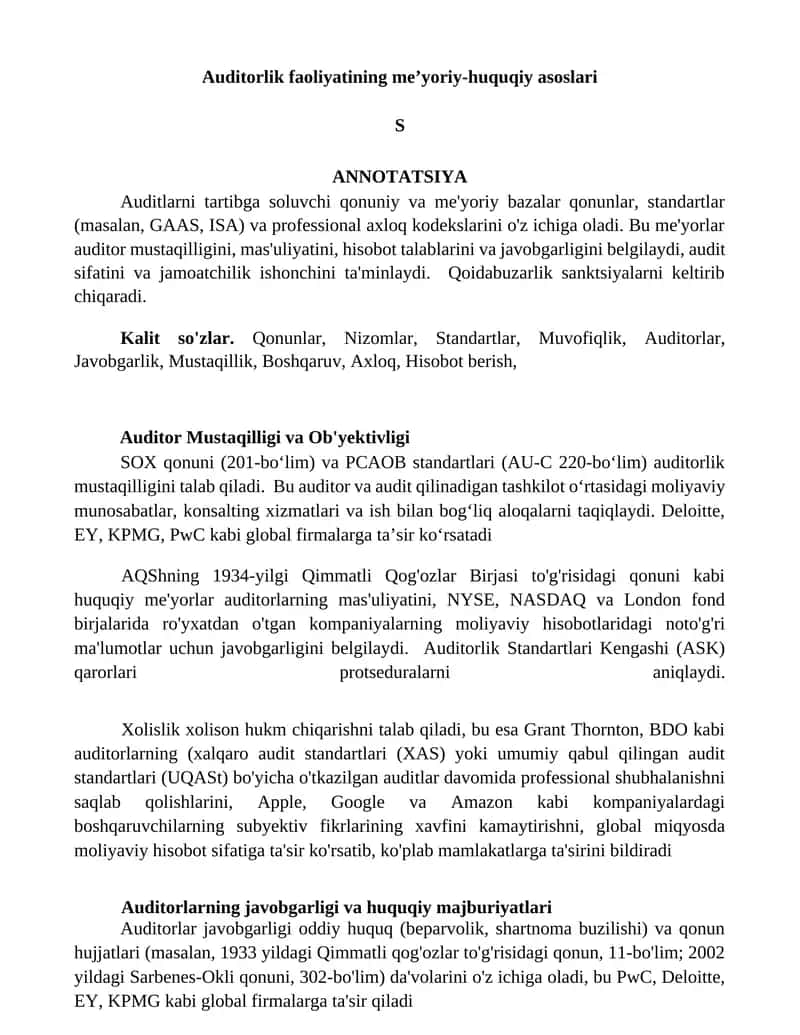 Auditorlik faoliyatining me’yoriy-huquqiy asoslari