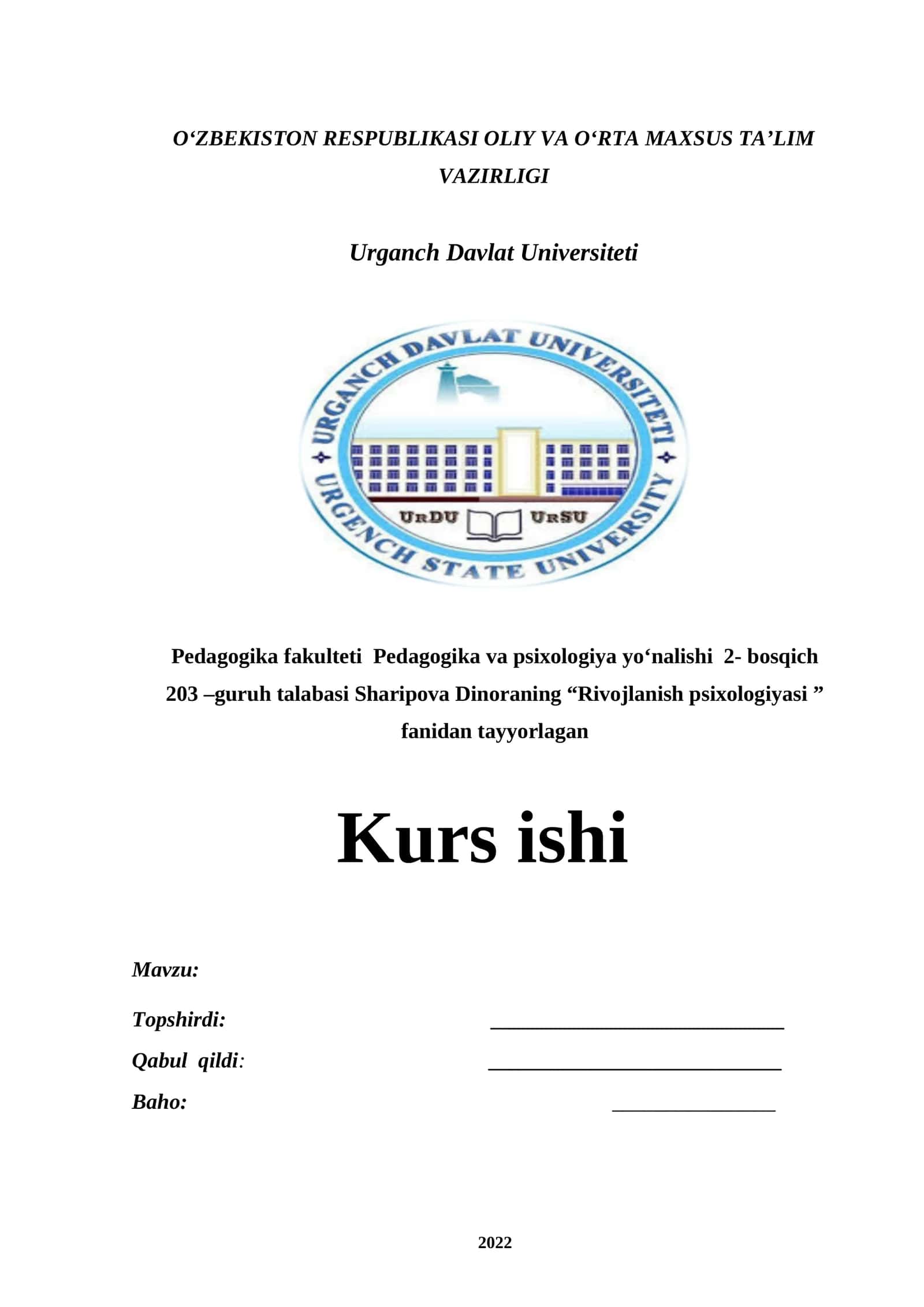 Rivojlanish psixologiyasi Kurs ishi