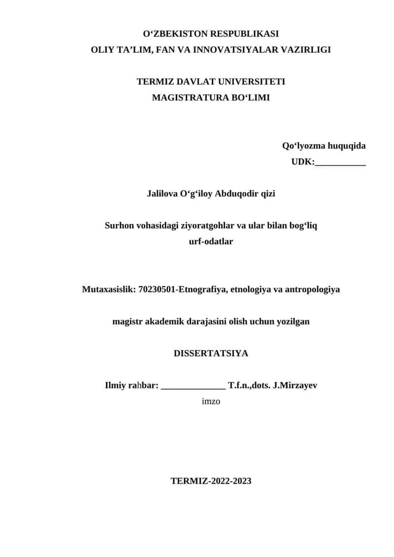 Surxon vohasidagi ziyoratgohlar va ular bilan bog`liq urf-odatlar mavzusidagi magistrlik dessertatsiya