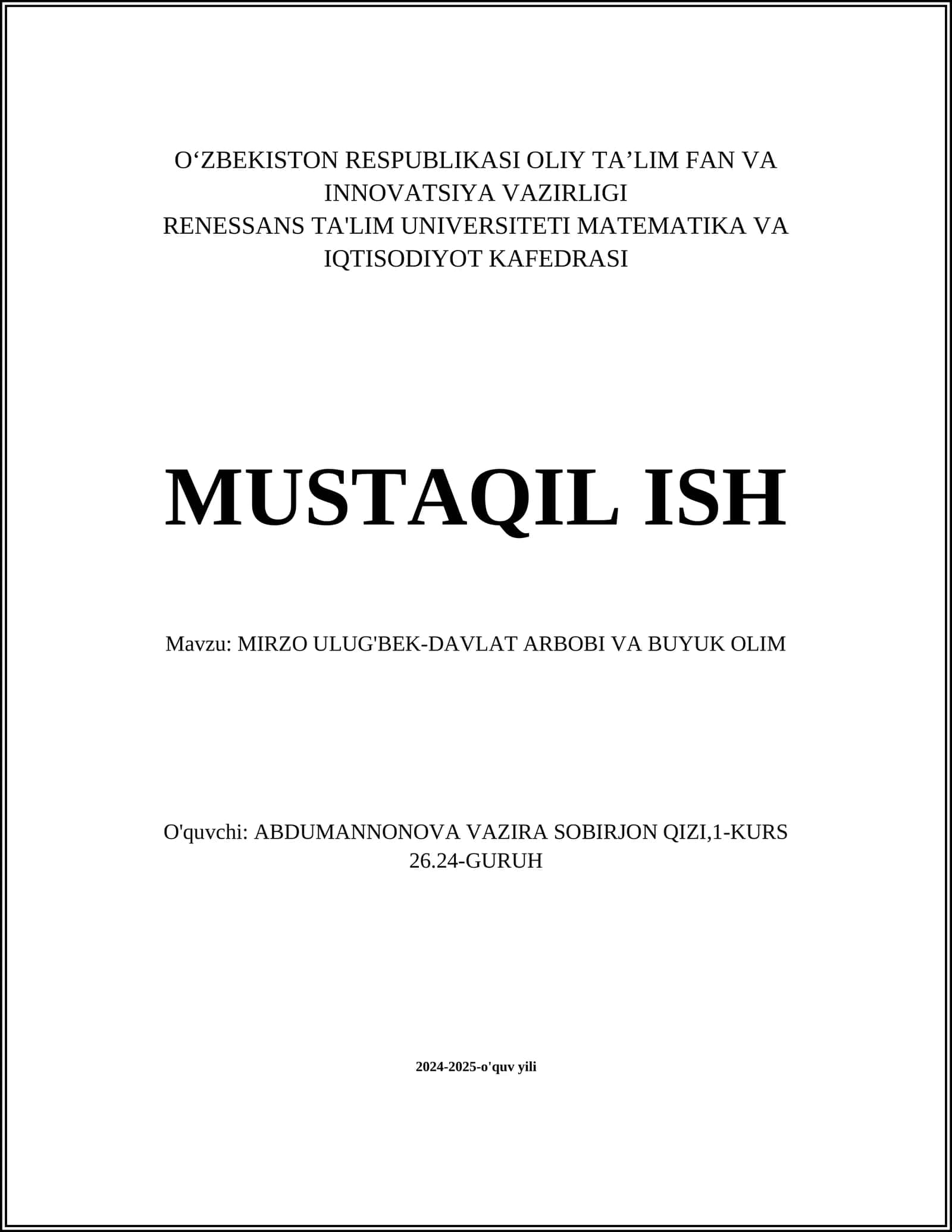 MIRZO ULUG'BEK-DAVLAT ARBOBI VA BUYUK OLIM