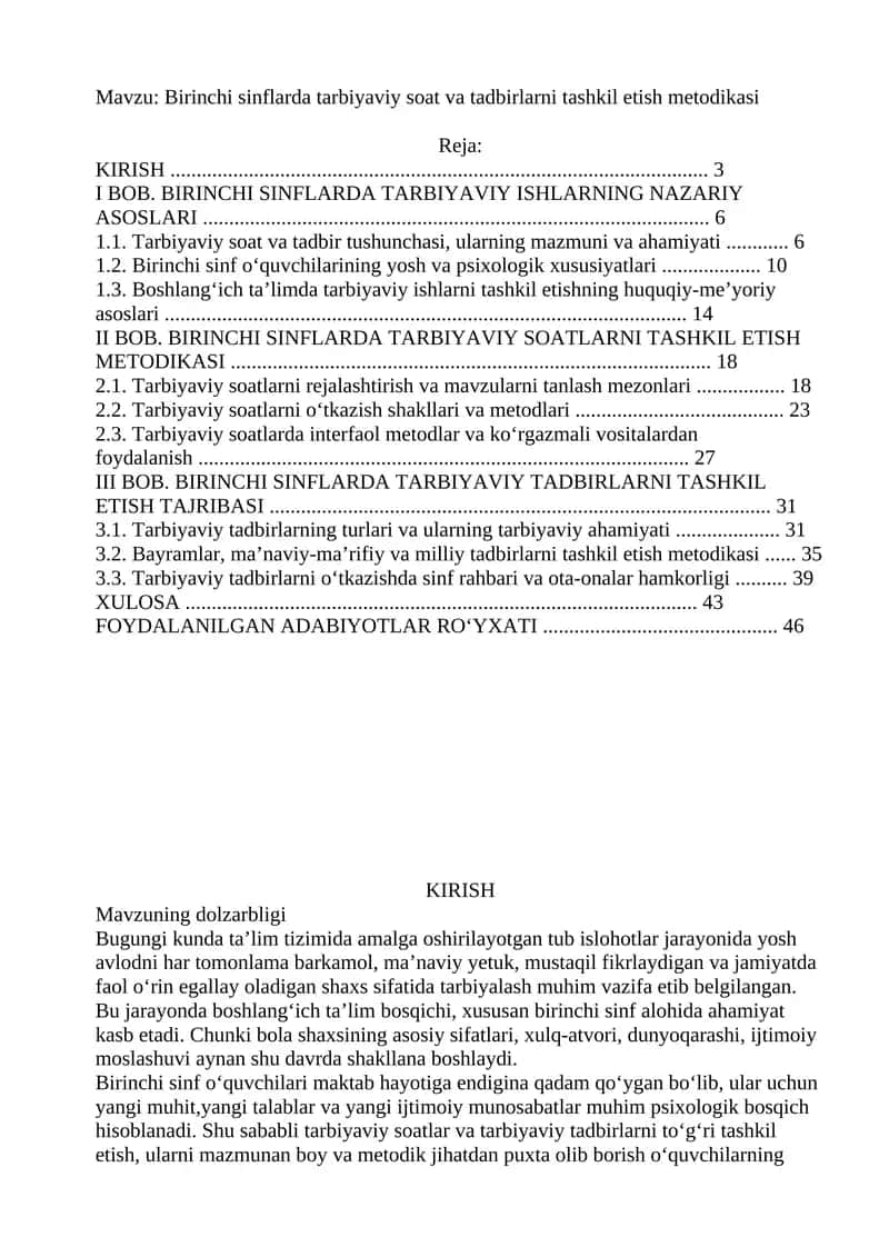 Birinchi sinflarda tarbiyaviy soat va tadbirlarni tashkil etish metodikasi