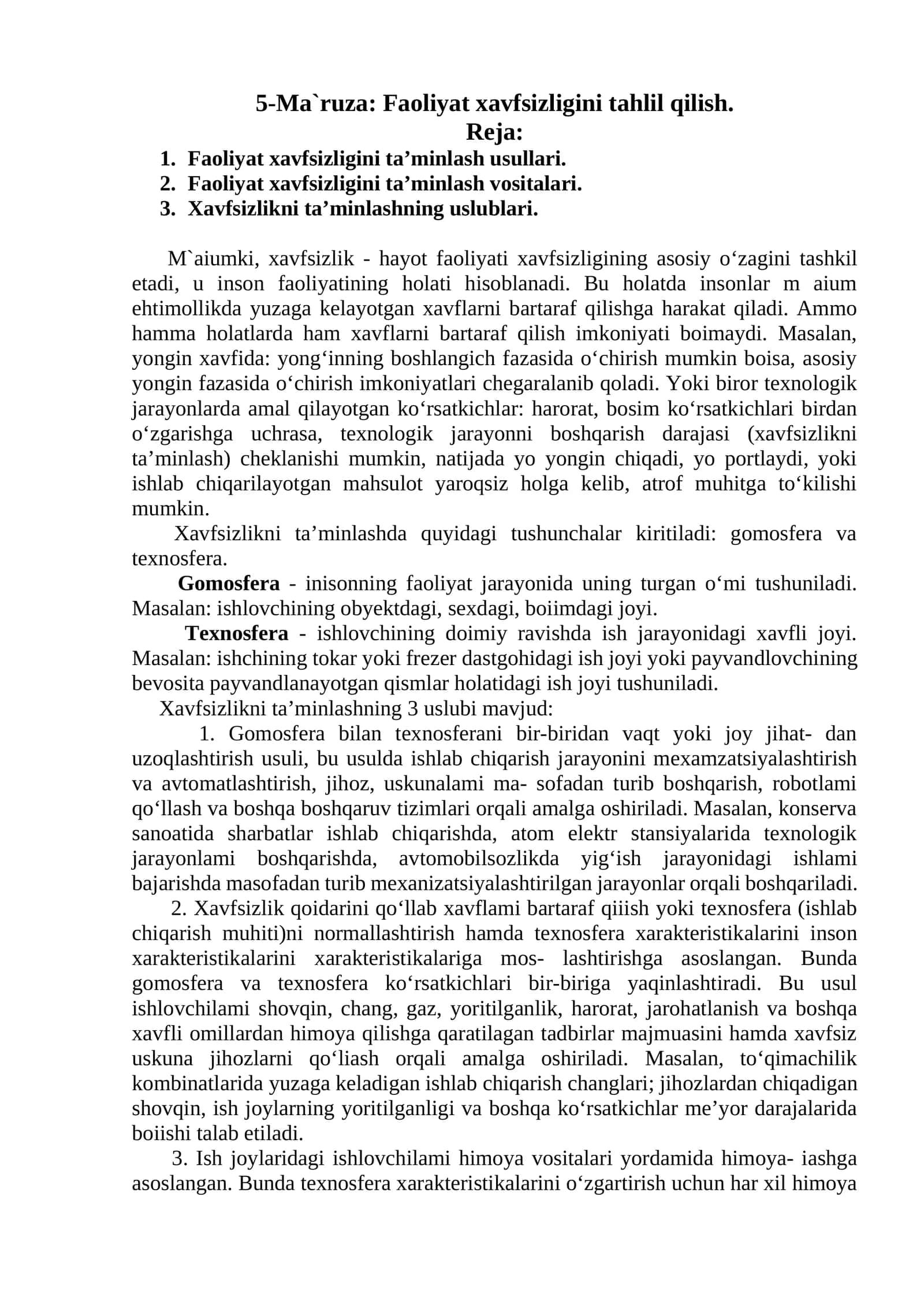 5-Ma`ruza: Faoliyat xavfsizligini tahlil qilish