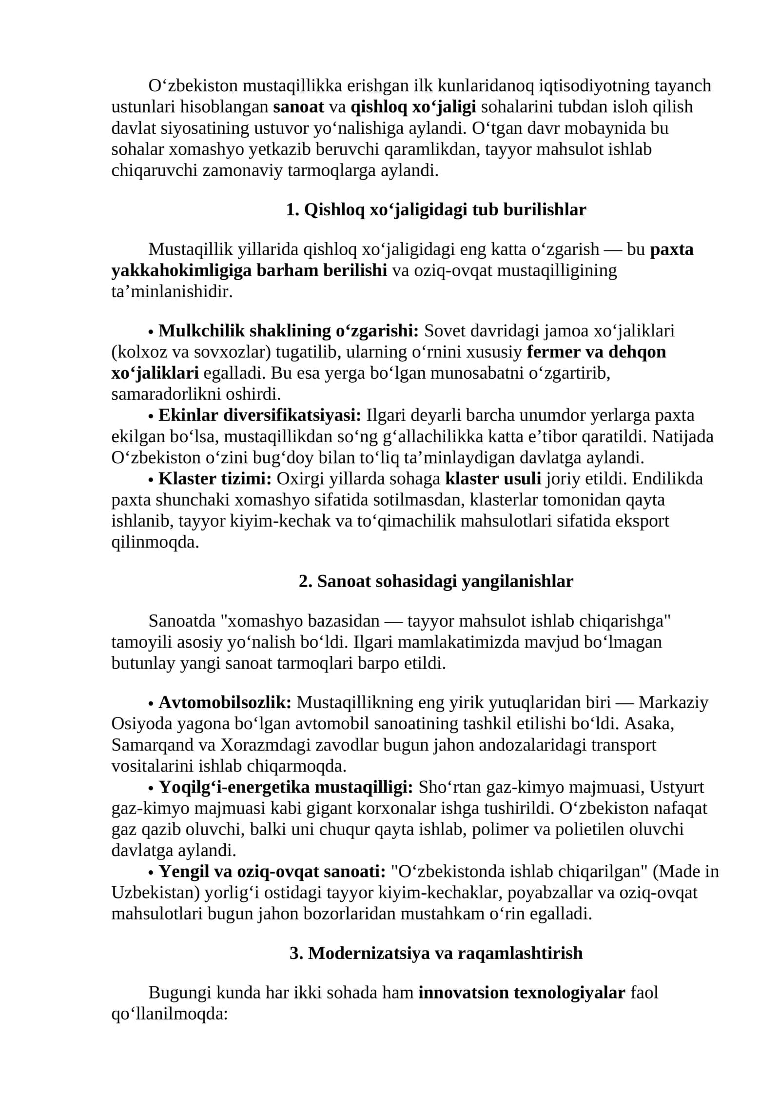 Qishloq xo‘jaligidagi tub burilishlar Esse