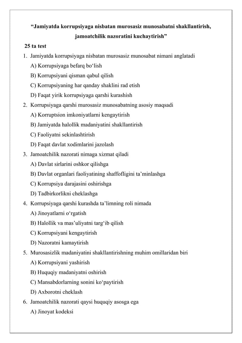 Jamiyatda korrupsiyaga nisbatan murosasiz munosabatni shakllantirish, jamoatchilik nazoratini kuchaytirish