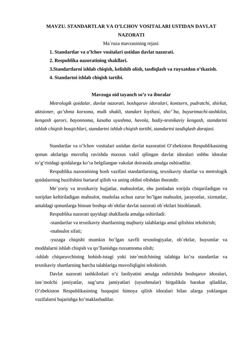 STANDARTLAR VA O’LCHОV VОSITALARI USTIDAN DAVLAT NAZОRATI