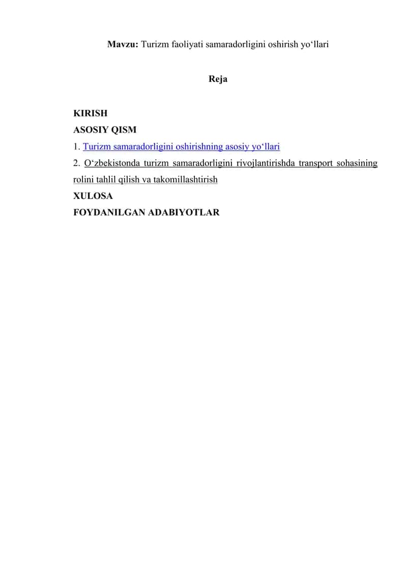 Turizm faoliyati samaradorligini oshirish yo‘llari