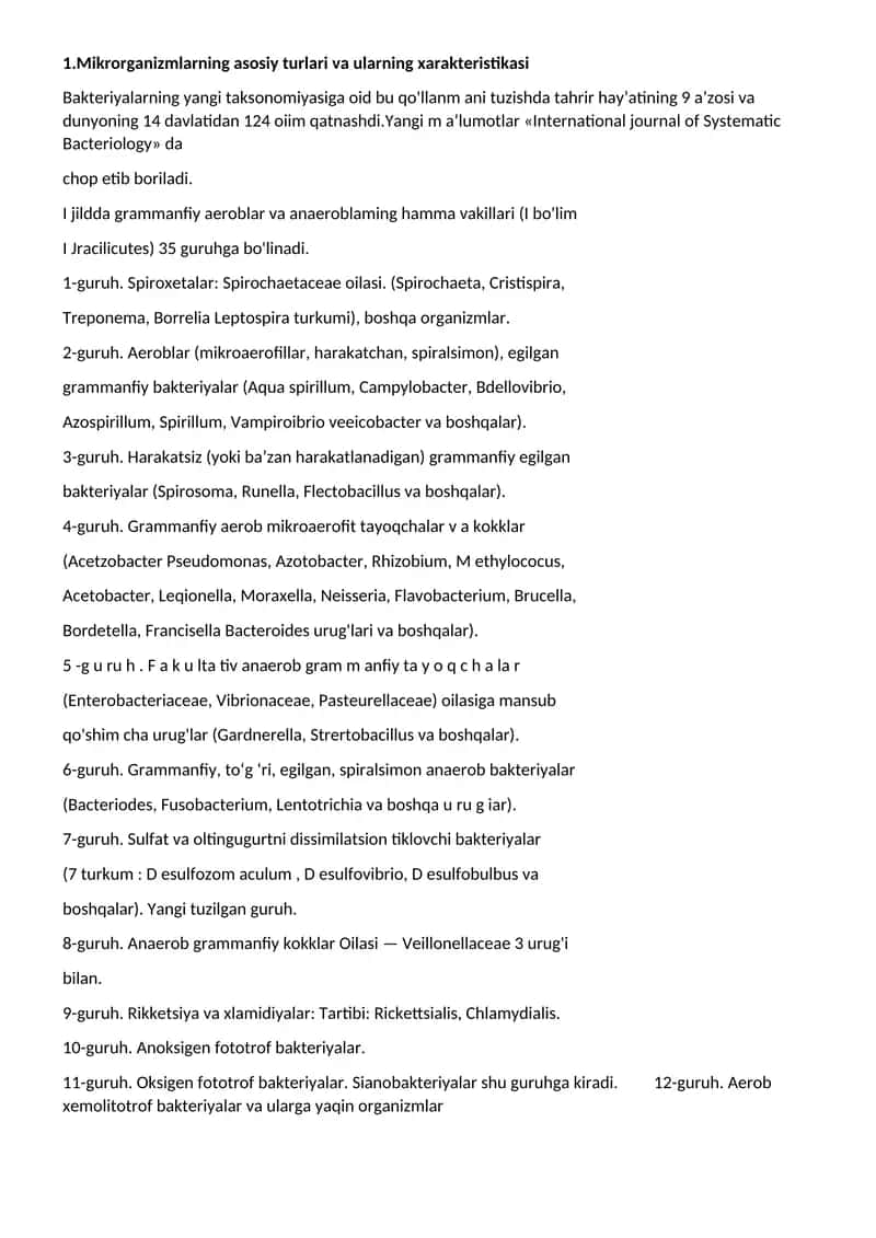 Mikrorganizmlarning asosiy turlari va ularning xarakteristikasi